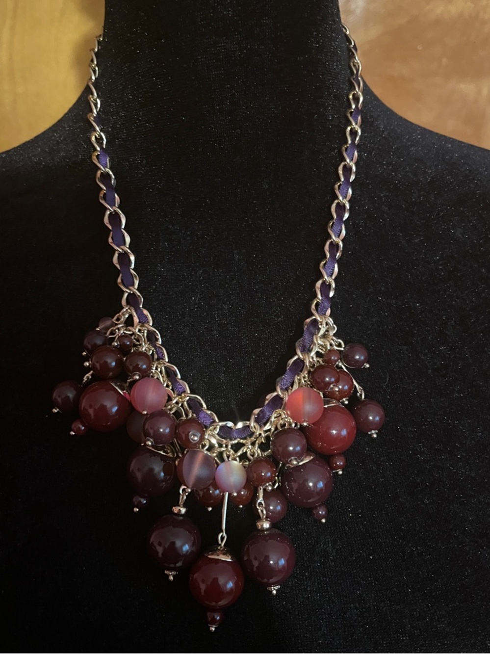 Talbots Burgundy and Purple Cluster Necklace with Gold Chain